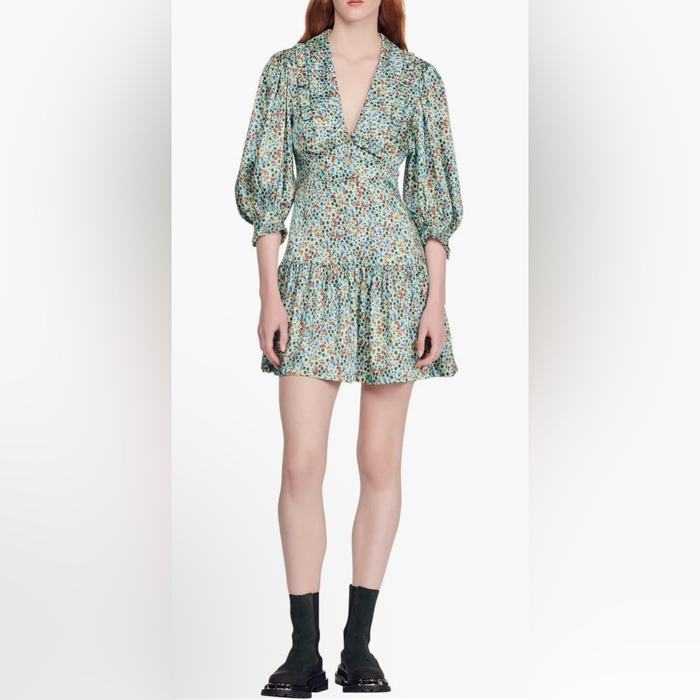 493. NWT! SANDRO Eilat Silk Green Floral Mini Dress - Picture 1 of 8
